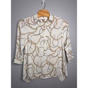 Chico’s Silver&Gold Chain Print Blouse Back Chain Detail 3/4 Sleeve SZ 3